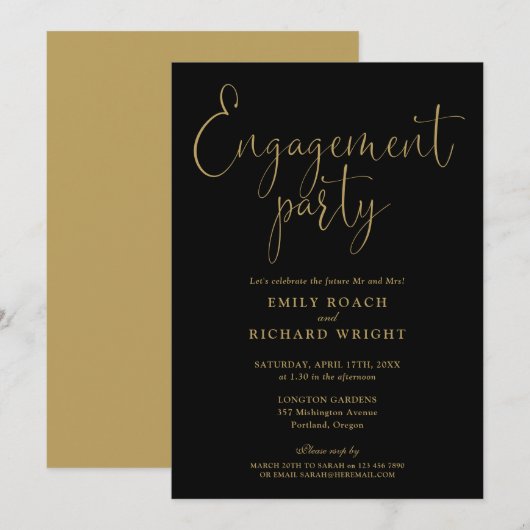 Elegant zwart-gouden script engagement party kaart (Voorkant / Achterkant)