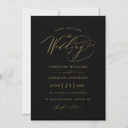 Elegant zwart gouden script minimalistische bruilo kaart (Voorkant)