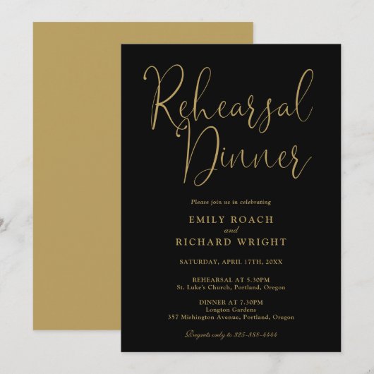 Elegant zwart-gouden script proefdinermiddag kaart (Voorkant / Achterkant)