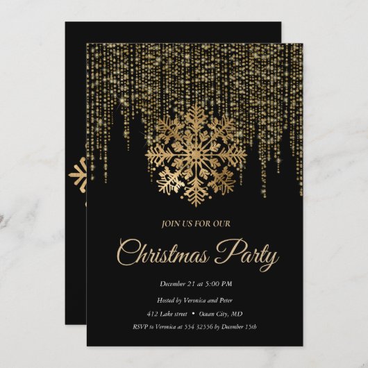 Elegant Zwart Gouden Sneeuwvlok Frame Kerstmis Kaart (Voorkant / Achterkant)