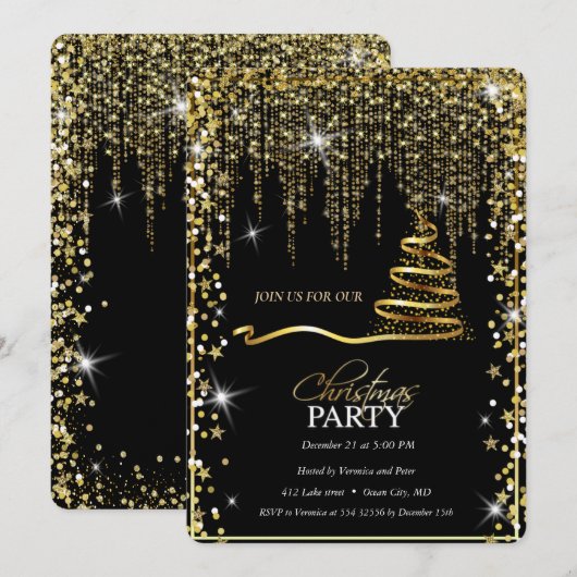 Elegant Zwart - Gouden Sparkle Kerstboom Kaart (Voorkant / Achterkant)