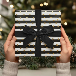 Elegant zwart gouden strepen & Stippen kerstcadeau Cadeaupapier