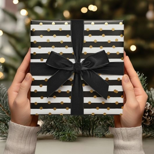 Elegant zwart gouden strepen & Stippen kerstcadeau Cadeaupapier