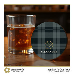 Elegant Zwart Gouden Tartan Plaid Monogram Ronde Kartonnen Onderzetter