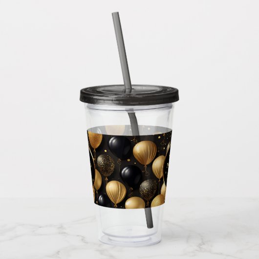 Elegant zwart gouden verjaardagsballonnen patroon acryl drinkbeker (Links)