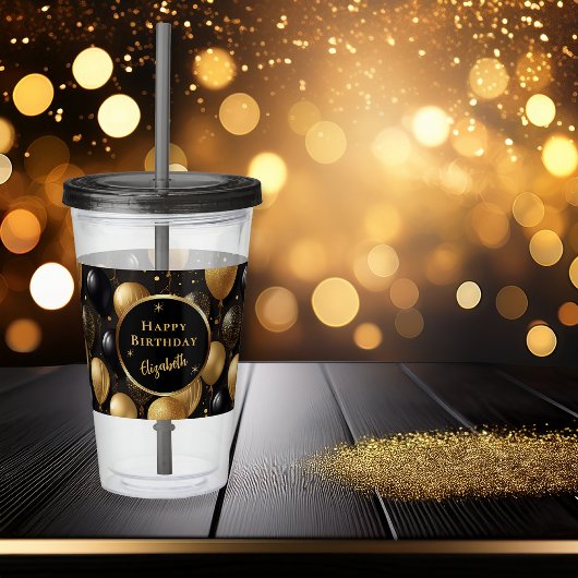 Elegant zwart gouden verjaardagsballonnen patroon acryl drinkbeker