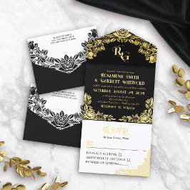 Elegant zwart goudfolie Rozen Monogram All In One Uitnodiging