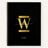 Elegant zwart & goudmonogram Modern Script Recipe Notitieboek (Voorkant)