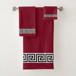 Elegant zwart Grieks patroon op bordeauxrode badha Bad Handdoek