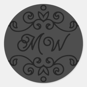 Elegant Zwart Grijs Bloei Toevoegen Monogram  Ronde Sticker