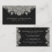 Elegant Zwart & Grijs  Bloemen Damasks 2 Visitekaartje (Voorkant / Achterkant)