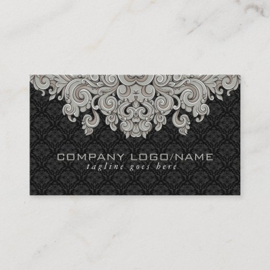 Elegant Zwart & Grijs  Bloemen Damasks 2 Visitekaartje (Voorkant)