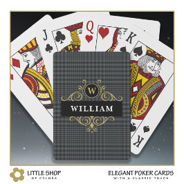 Elegant zwart-grijs geruit gouden embleem monogram pokerkaarten