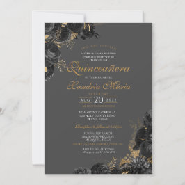 Elegant Zwart Grijs Goud Roos Bloemen Quinceanera Kaart