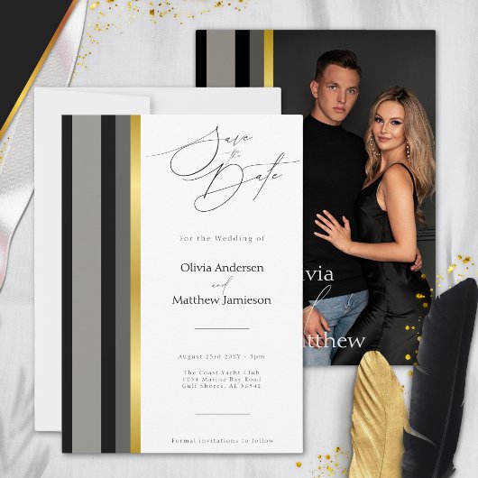 Elegant Zwart Grijs Goud Strepen Typografie Bruilo Save The Date
