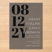Elegant zwart grijs grote datum typografie bruilof acryl uitnodigingen (Voorkant)