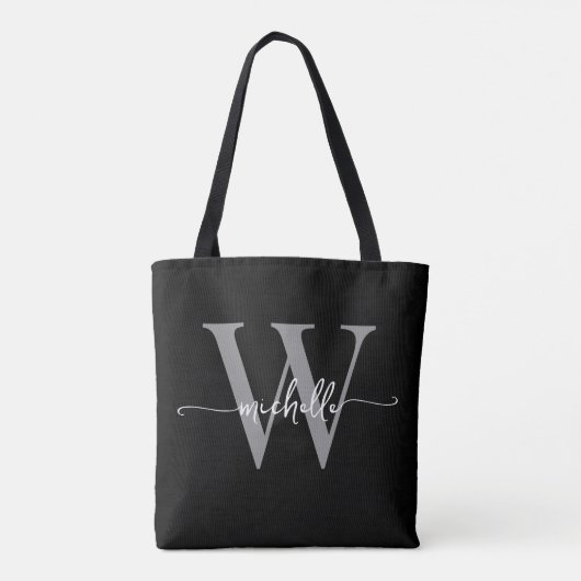 Elegant Zwart Grijs Meisje Gepersonaliseerd Monogr Tote Bag (Achterkant)