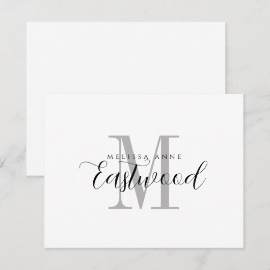 Elegant Zwart Grijs Monogram Platte Nota Kaart Notitiekaartje (Voorkant / Achterkant)