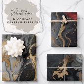 Elegant Zwart Grijs Rood en Goud Marmer Decoupage Inpakpapier Vel