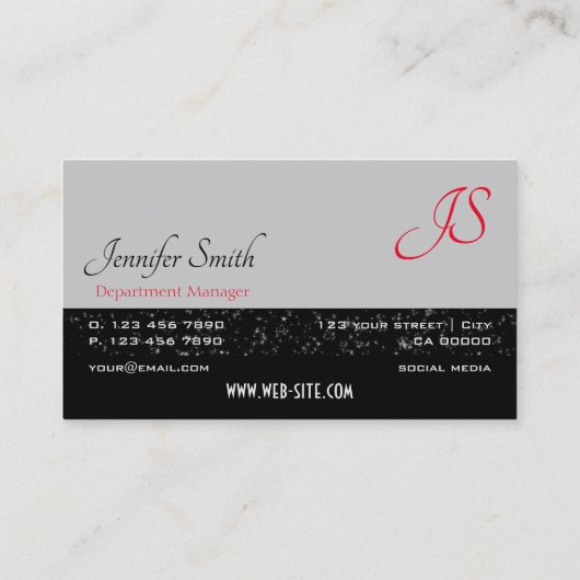 Elegant Zwart Grijs Tiny Glittered Stars Initialen Visitekaartje (Achterkant)