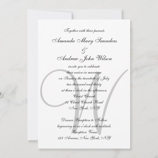 Elegant zwart grijs wit monogram bruiloft kaart (Achterkant)