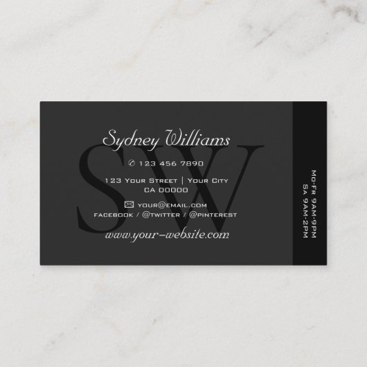 Elegant zwart grijs witte grote Initialen kwalitei Visitekaartje (Achterkant)