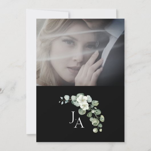 Elegant zwart groen eucalyptus foto bruiloft kaart (Achterkant)