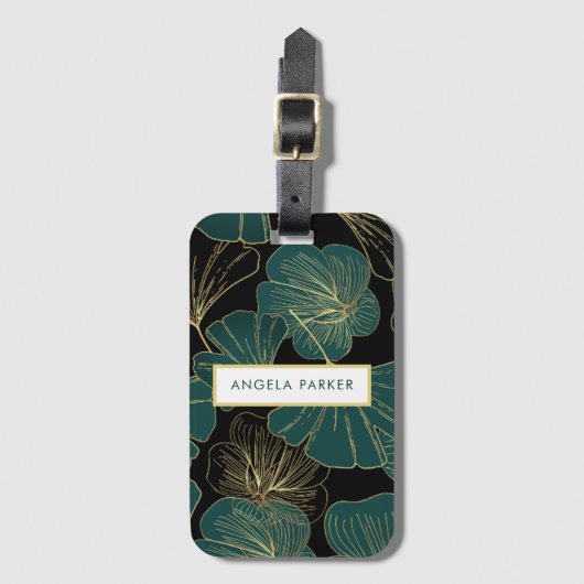 Elegant Zwart Groen Goud Omtrek Ginkgo Bladeren Bagagelabel (Voorkant (verticaal))
