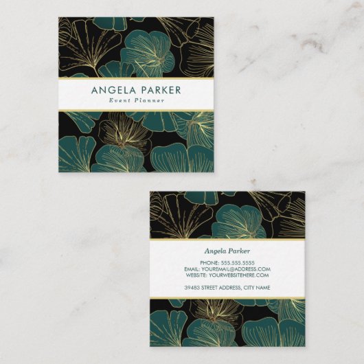 Elegant Zwart Groen Goud Omtrek Ginkgo Bladeren Vierkante Visitekaartje (Voorkant / Achterkant)