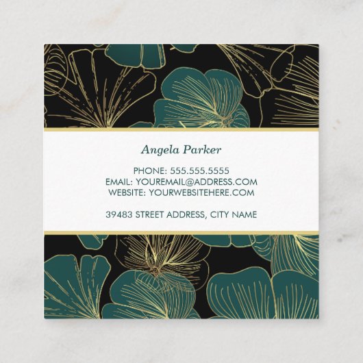 Elegant Zwart Groen Goud Omtrek Ginkgo Bladeren Vierkante Visitekaartje (Achterkant)