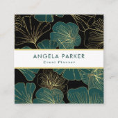 Elegant Zwart Groen Goud Omtrek Ginkgo Bladeren Vierkante Visitekaartje (Voorkant)