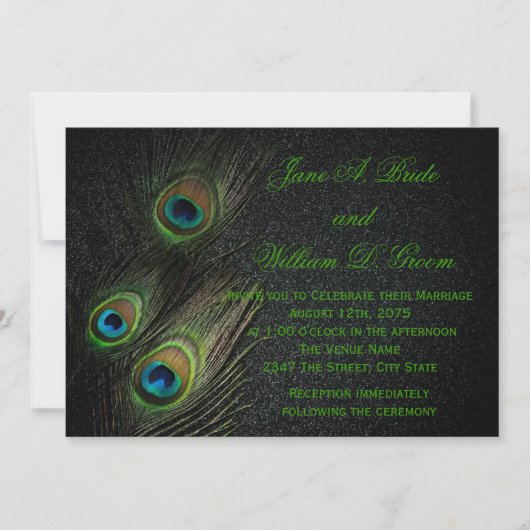 Elegant Zwart Groen Goud Peacock Bruiloft Kaart (Voorkant)