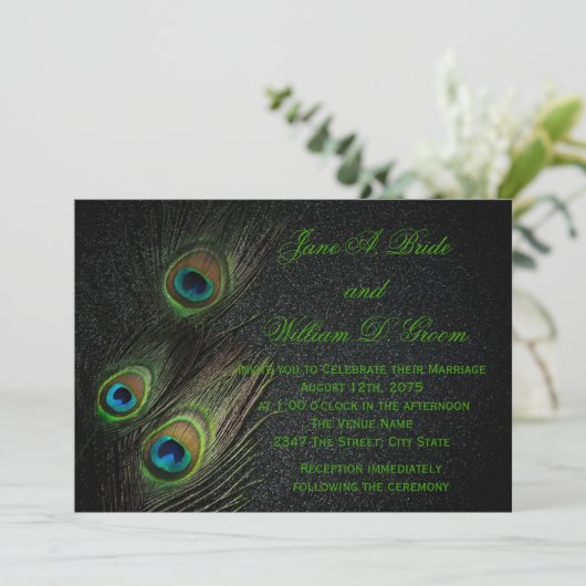 Elegant Zwart Groen Goud Peacock Bruiloft Kaart (Staand voorkant)