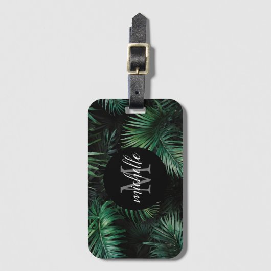 Elegant zwart groen Tropische palmbladeren Monogra Bagagelabel (Voorkant (verticaal))