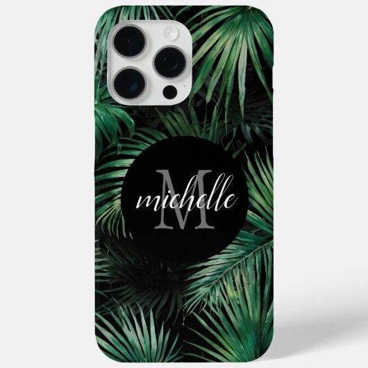 Elegant zwart groen Tropische palmbladeren Monogra Case-Mate iPhone Case (Achterkant)