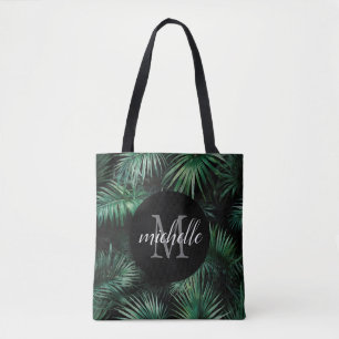 Elegant zwart groen Tropische palmbladeren Monogra Tote Bag