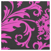 Elegant Zwart & Heet Roze Bloemen Damasks Stof (Close Up)