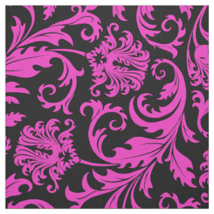 Elegant Zwart & Heet Roze Bloemen Damasks Stof