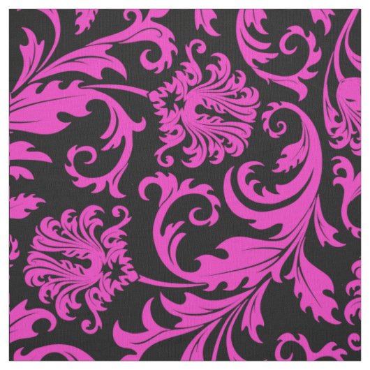 Elegant Zwart & Heet Roze Bloemen Damasks Stof (Swatch)