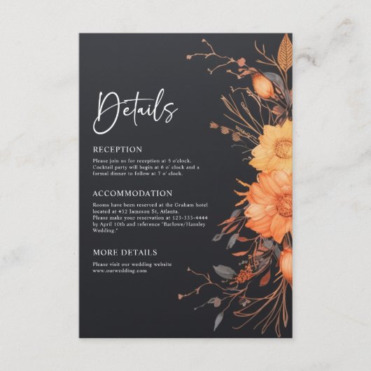 Elegant Zwart Herfst Bloemen Waterverf Bruiloft Informatiekaartje (Voorkant)
