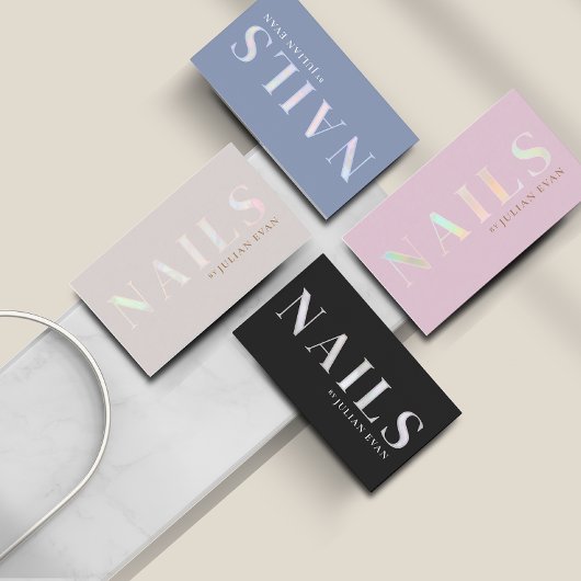 Elegant Zwart Holografisch Nageltechnicus Visitekaartje