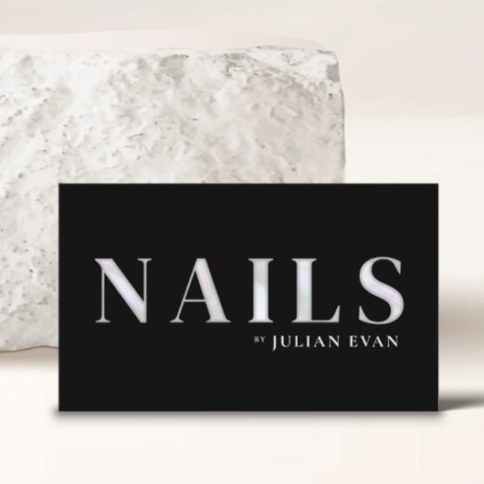 Elegant Zwart Holografisch Nageltechnicus Visitekaartje