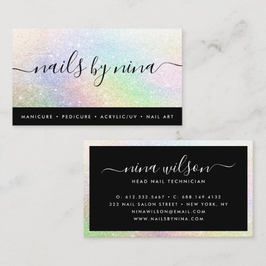 Elegant zwart holografisch regenboog glitter scrip visitekaartje (Voorkant / Achterkant)