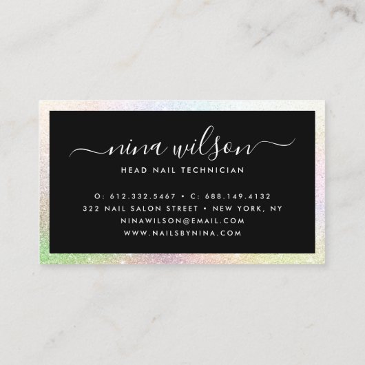 Elegant zwart holografisch regenboog glitter scrip visitekaartje (Achterkant)