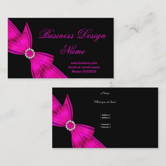 Elegant Zwart Hot Pink Diamond Bow Design 2 Visitekaartje (Voorkant / Achterkant)