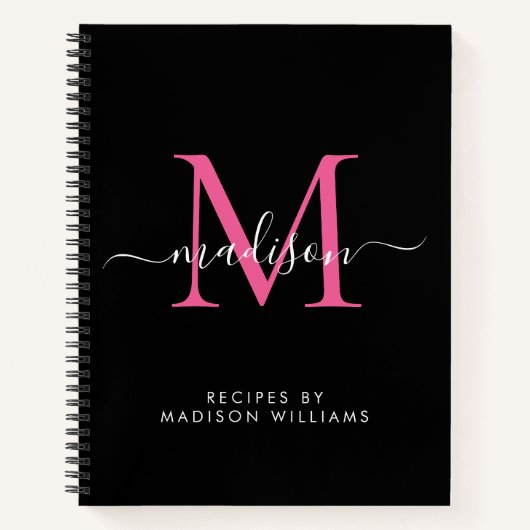 Elegant zwart Hot Pink Monogram Script Naam Recept Notitieboek (Voorkant)