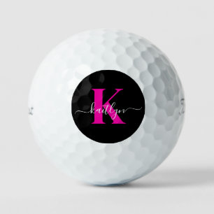 Elegant zwart Hot Pink Script Monogram Golfballen