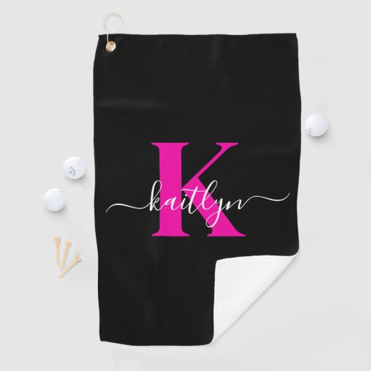 Elegant zwart Hot Pink Script Monogram Golfhanddoek (Insitu)