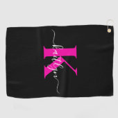 Elegant zwart Hot Pink Script Monogram Golfhanddoek (Horizontaal)
