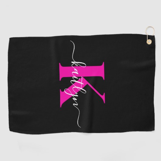 Elegant zwart Hot Pink Script Monogram Golfhanddoek (Horizontaal)